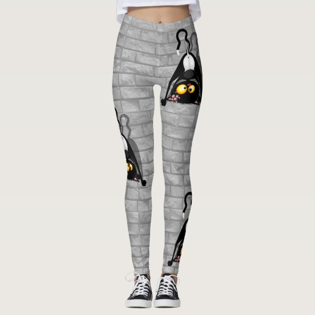 Cat Upside Down Funny Cartoon Character Leggings (Front)