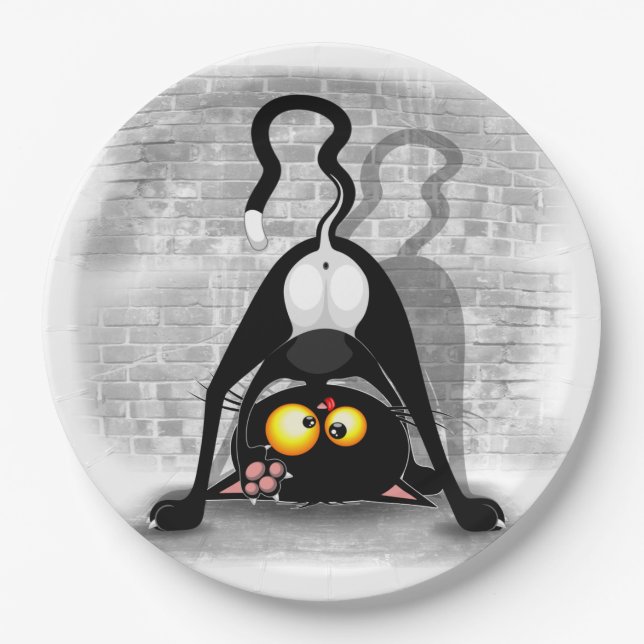 Cat Upside Down Funny Cartoon Character Paper Plate (Front)