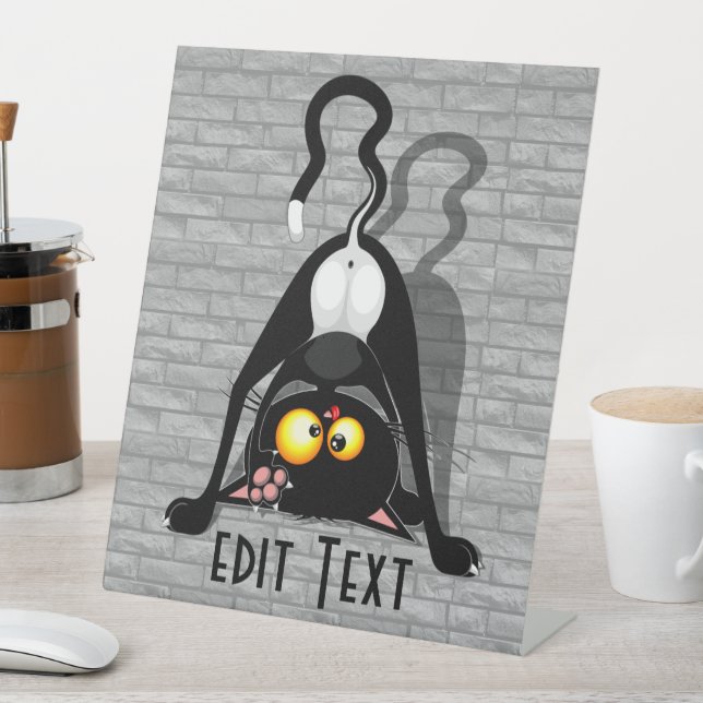 Cat Upside Down Funny Cartoon Character Pedestal Sign (In SItu)