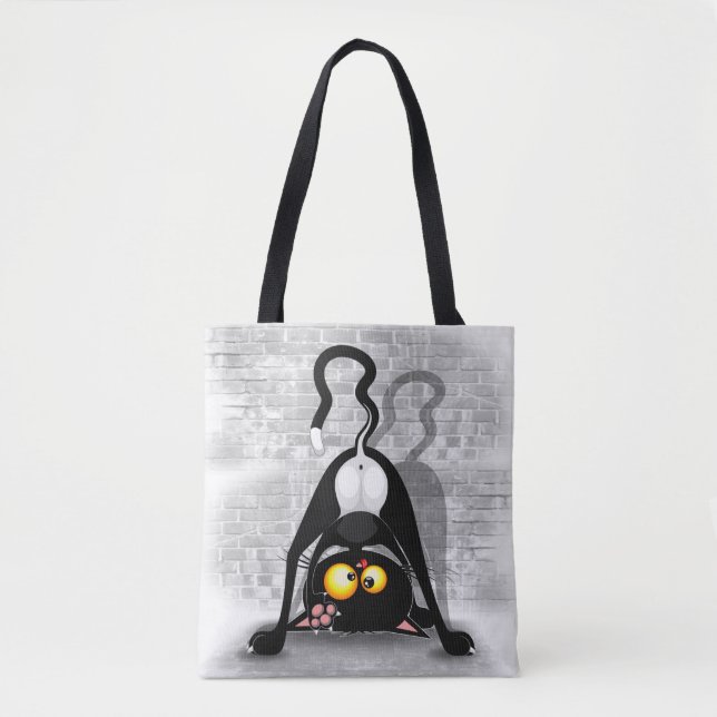Cat Upside Down Funny Cartoon Character Tote Bag (Front)