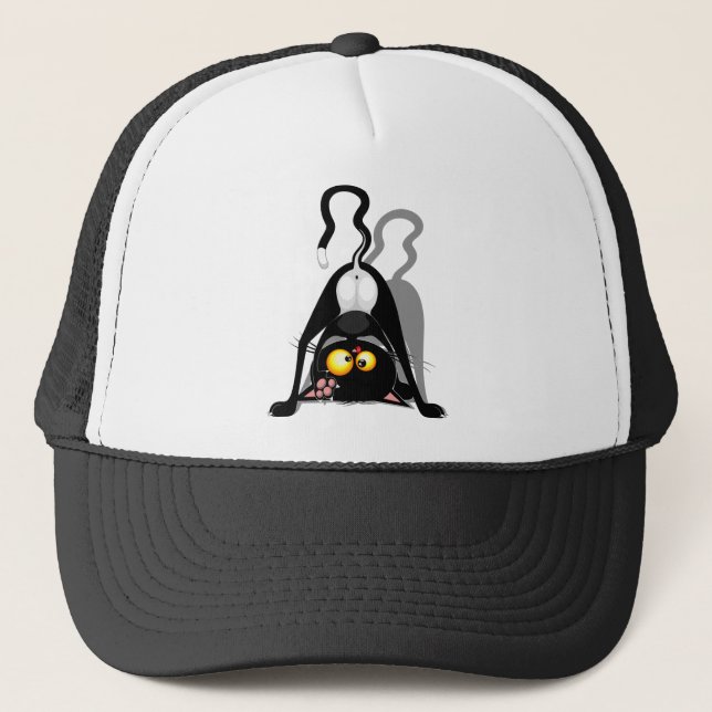 Cat Upside Down Funny Cartoon Character Trucker Hat (Front)
