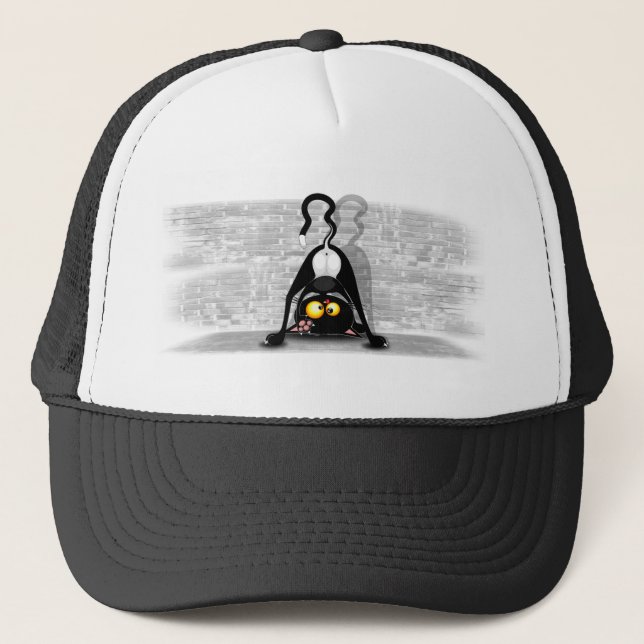 Cat Upside Down Funny Cartoon Character Trucker Hat (Front)