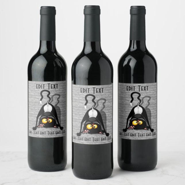 Cat Upside Down Funny Cartoon Character Wine Label (Bottles)