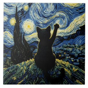 Cat Vangogh Starry Night Ceramic Tile