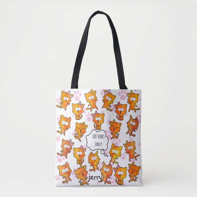 "Cat Vibes Only" Cute Design with Name Option Tote Bag (Front)