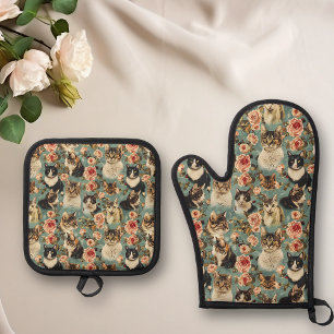 Cat Vintage Floral Flower Oven Mitt & Pot Holder Set
