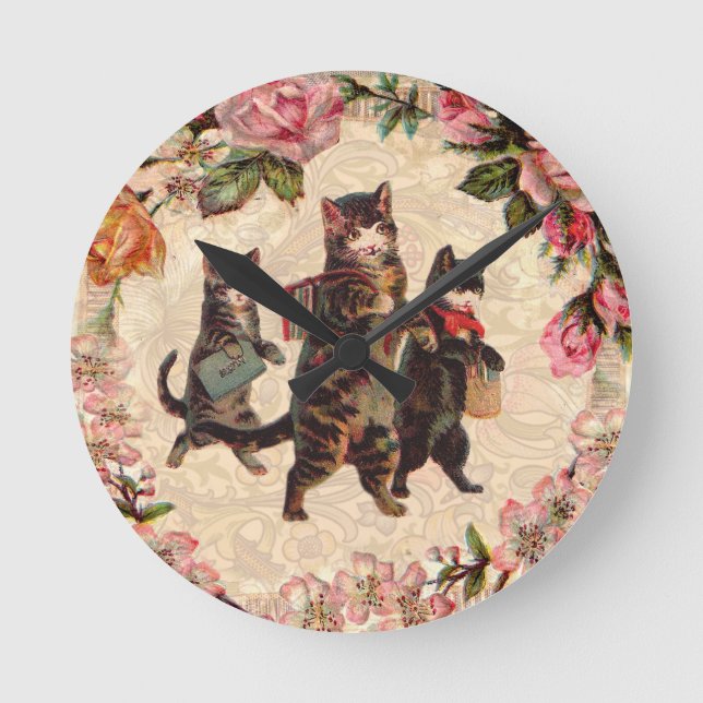 Cat Vintage Pretty Antique Kittens Round Clock (Front)