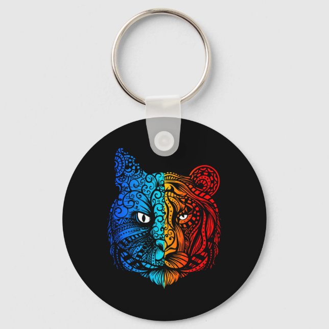 Cat vs Tiger Face Mandala Design Key Ring (Front)