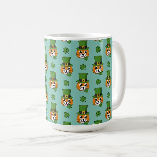 Cat w Green Hat and Shamrock St Patrick's Pattern Coffee Mug (Front Right)