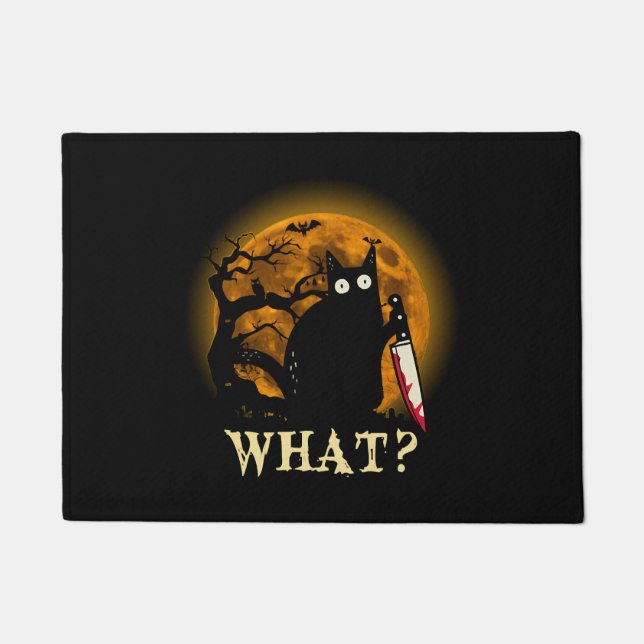 Cat W Murderous Cat With Knife Halloween Doormat (Front)