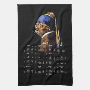 Cat w/Pearl Earring Vermeer Painting 2024 Calendar Tea Towel