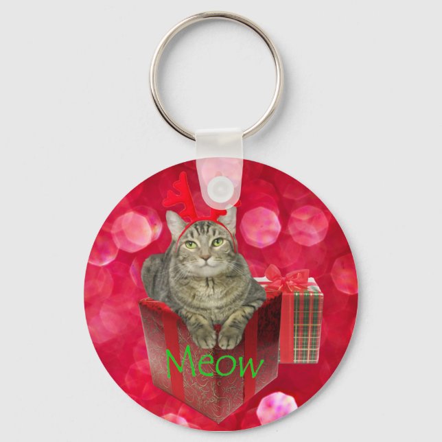 Cat Waiting for Santa Key Ring (Front)