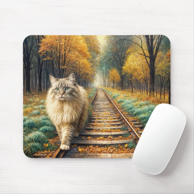 Cat Walking Down a Railroad Track Mouse Pad (With Mouse)
