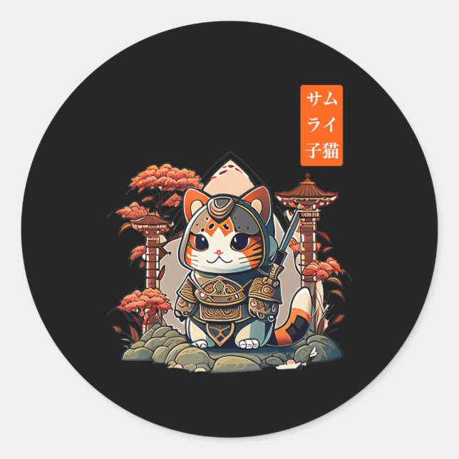 Cat Warrior Japanese Writing Anime Art for kawaii  Classic Round Sticker (Front)