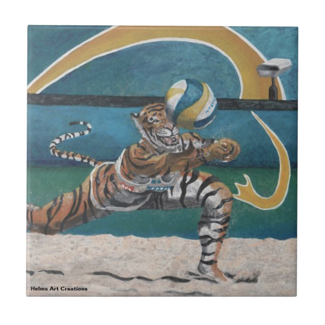 Cat Warrior Playing Beach Volleyball Ceramic Tile (Front)