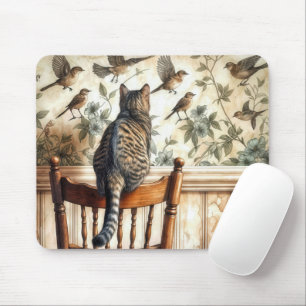 Cat Watching Birds On Wallpaper Mouse Pad