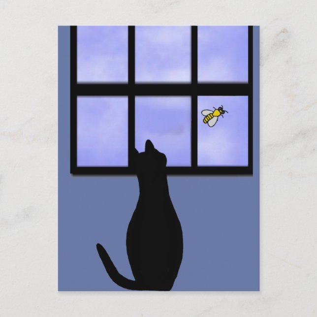 Cat watching bumble bee postcard (Front)