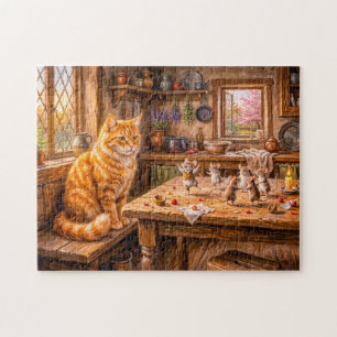 Cat Watching Mice Dance in Kitchen Jigsaw Puzzle