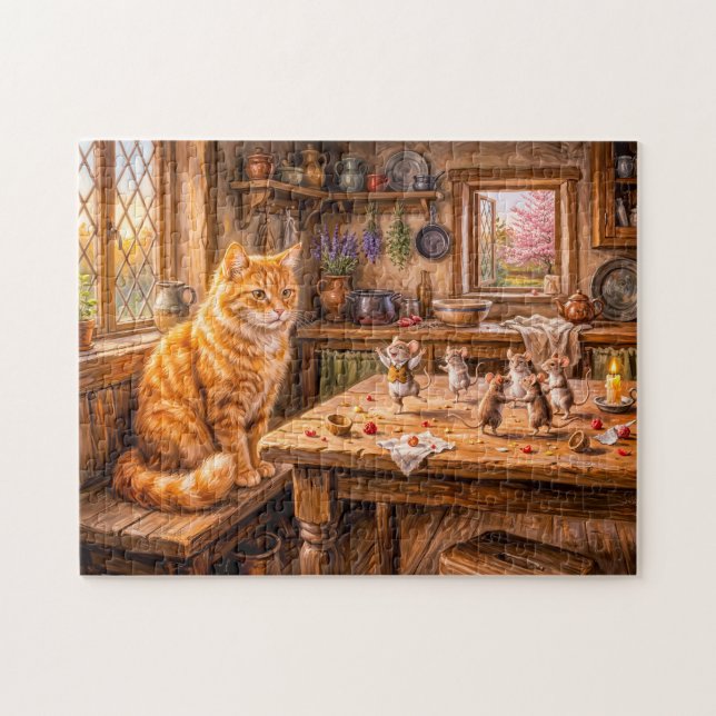 Cat Watching Mice Dance in Kitchen Jigsaw Puzzle (Horizontal)