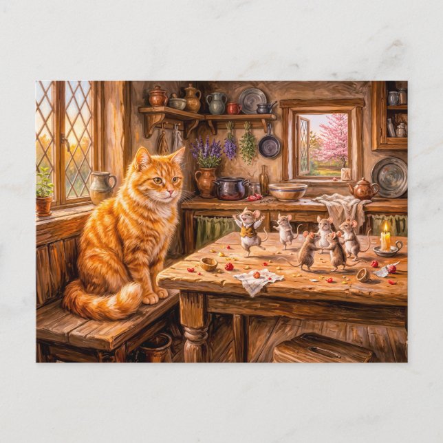 Cat Watching Mice Dance in Kitchen Postcard (Front)