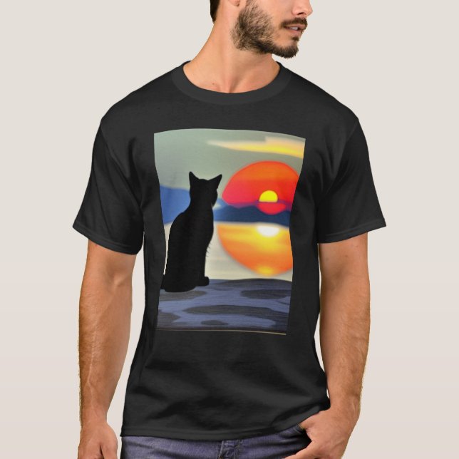 Cat Watching Sunset scene Black Cat Sunset T-Shirt (Front)