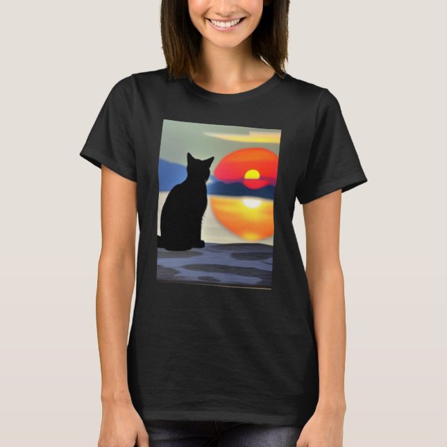 Cat Watching Sunset scene Black Cat Sunset T-Shirt (Front)