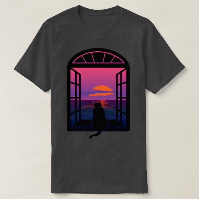 Cat Watching Sunset T-Shirt (Design Front)