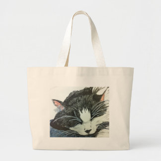 Cat water colour and inked drawng large tote bag