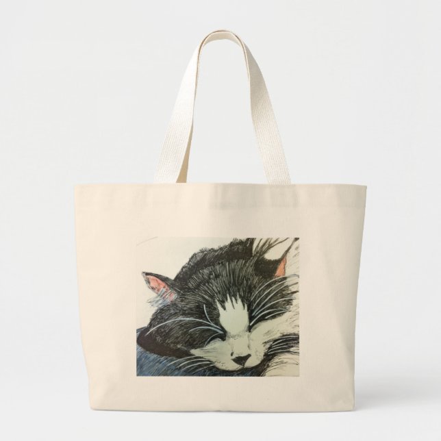 Cat water colour and inked drawng large tote bag (Front)