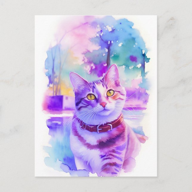 Cat Watercolor Portrait 1 Holiday Postcard (Front)