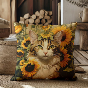 Cat Watercolor Sunflowers Floral Painting Cushion