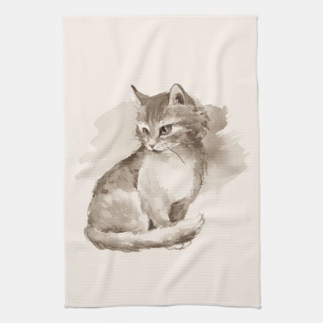 Cat. Watercolor Tea Towel (Vertical)