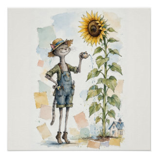 Cat Watering Giant Sunflower Poster