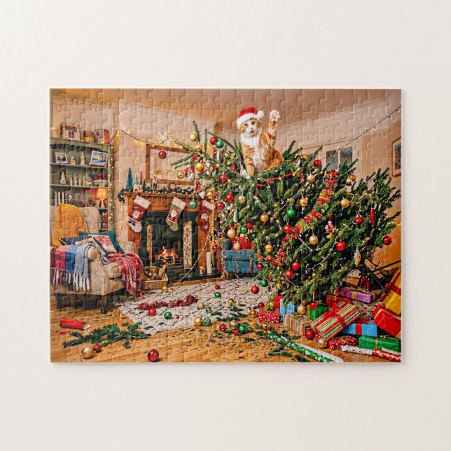 Cat Waving From Christmas Tree Jigsaw Puzzle (Horizontal)