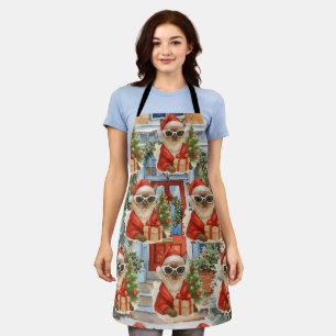 Cat wear white Sunglasses Santa hats Christmas  Apron