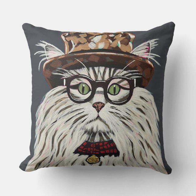 Cat wearing a hat and glasses cushion (Front)