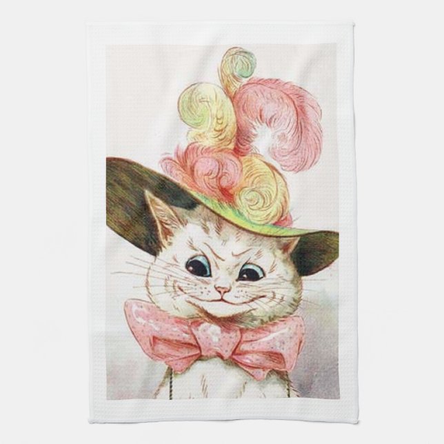 Cat wearing a hat, Louis Wain Tea Towel (Vertical)