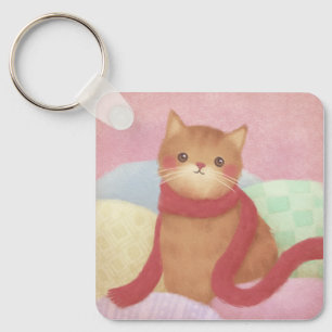 Cat Wearing A Red Scarf Illustration Key Ring