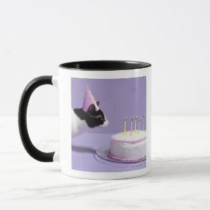 Cat wearing birthday hat blowing out candles mug