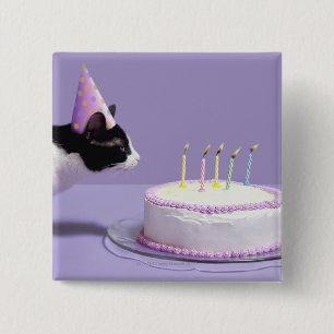 Cat wearing birthday hat blowing out candles on 15 cm square badge