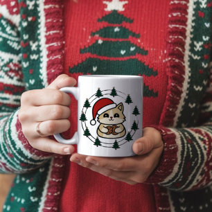 Cat wearing Christmas hat with Christmas Trees Coffee Mug