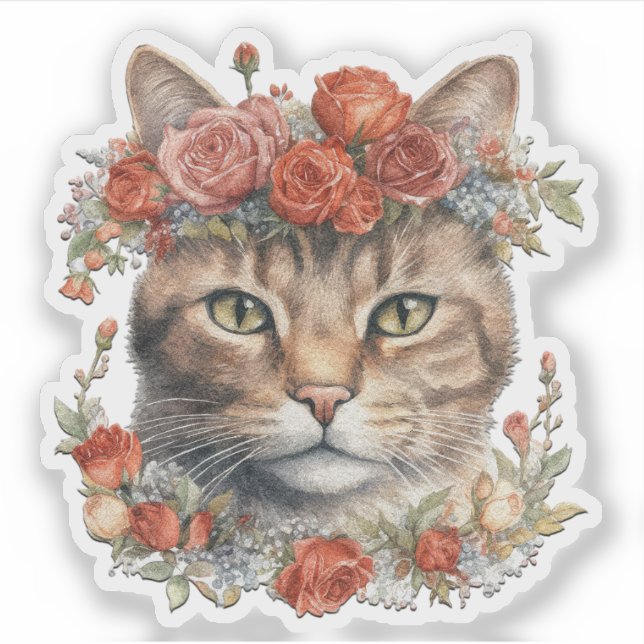Cat Wearing Flowers on its Head Valentine Sticker (Front)