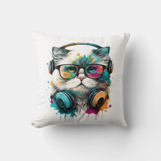 Cat Wearing Glasses and Headset Cushion