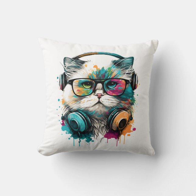 Cat Wearing Glasses and Headset Cushion (Front)