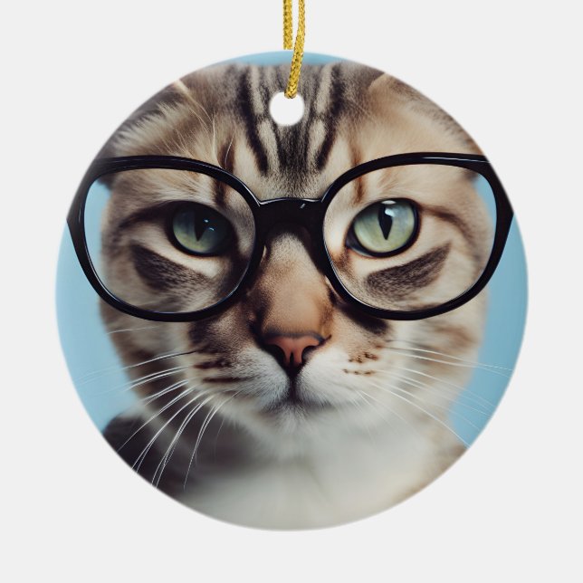 Cat Wearing Glasses Ceramic Ornament (Front)