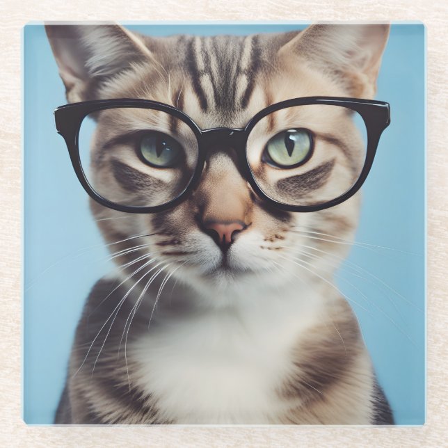 Cat Wearing Glasses Glass Coaster (Front)