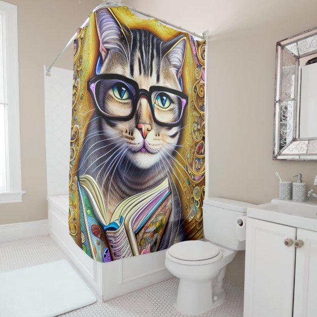 Cat Wearing Glasses Holding a Book Artwork Shower Curtain (In Situ)