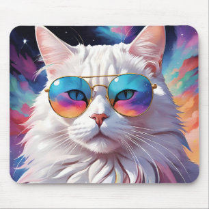 Cat wearing glasses in space mouse pad
