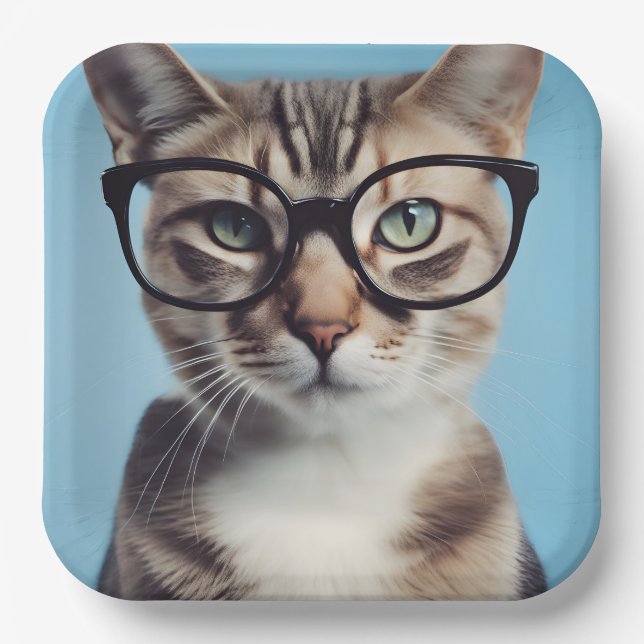 Cat Wearing Glasses Paper Plate (Front)