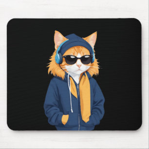 Cat Wearing Hoodie Funny Cool Animal Character Art Mouse Pad